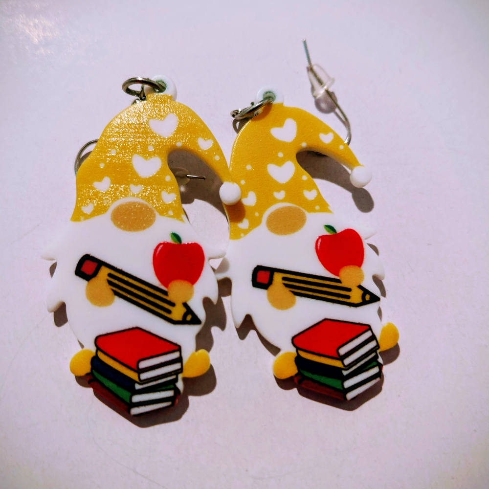 Cute Gnome Earrings with Books and Apple
